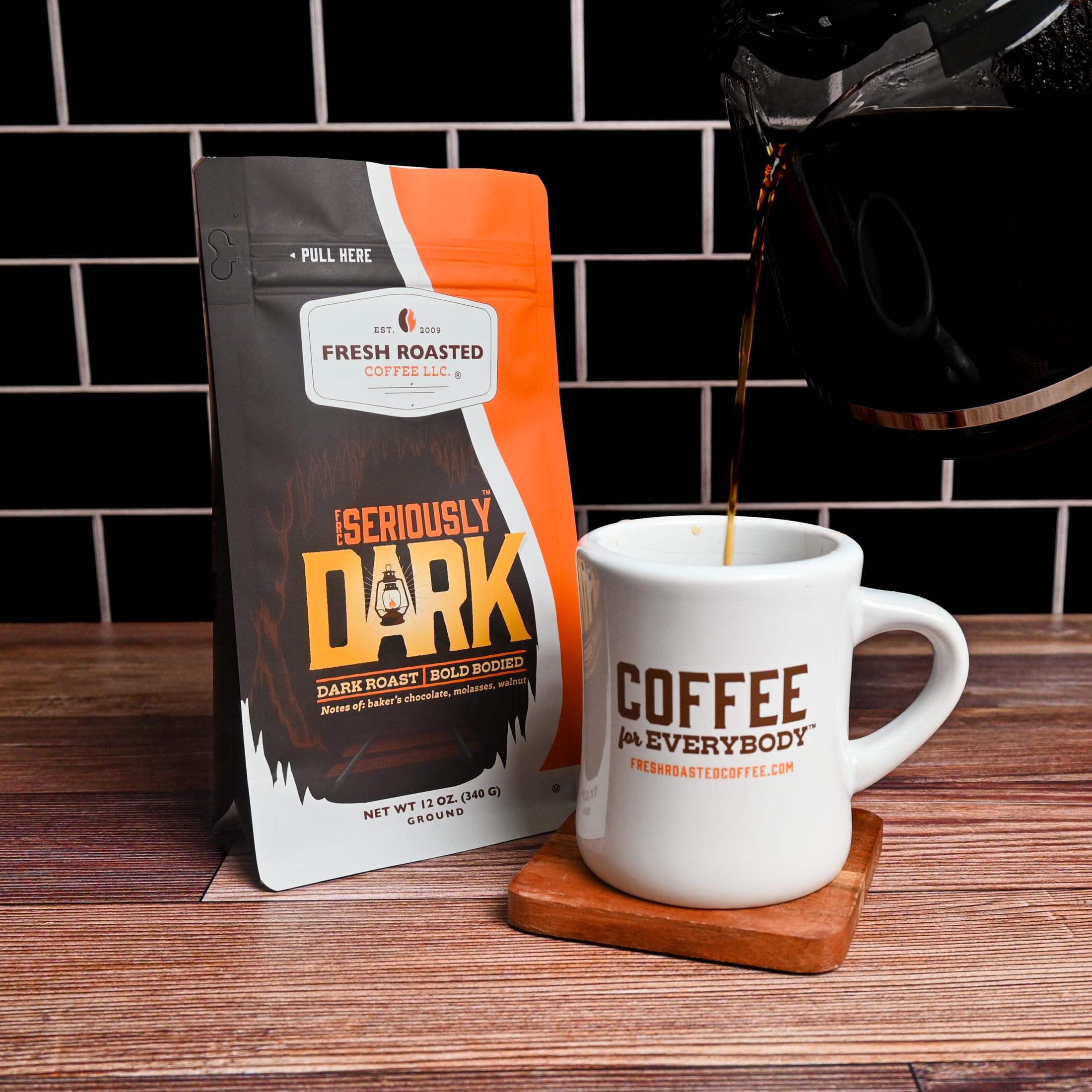 Fresh Roasted Coffee, Seriously Dark Artisan Blend Drip Ground Coffee, Dark Roast, Kosher, 12 oz