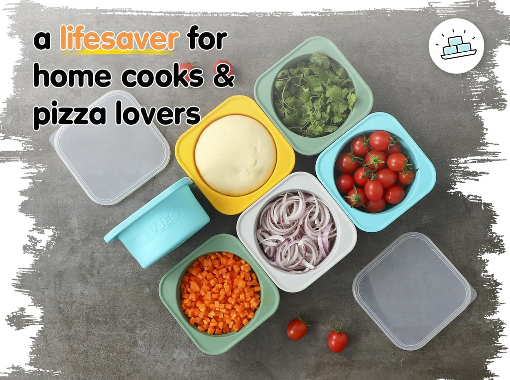 KEVJES Stackable Silicone Artisan Pizza Dough Proofing Proving Boxes with Air-tight Lids-4pack-500ml Volume for 250g Dough Ball (Space Grey)