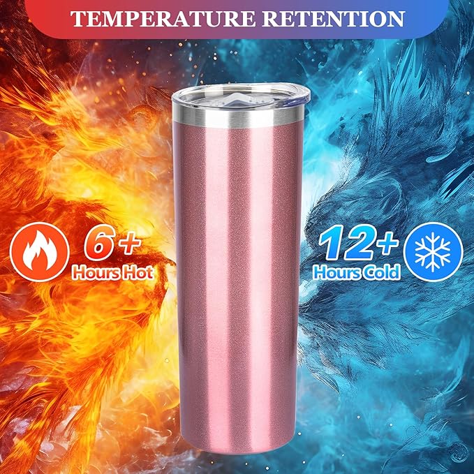 20 oz Skinny Tumblers with Lid and Straw,Stainless Steel Vacuum Insulated Tumbler Cup Double Wall Travel Coffee Mug, Thermal Water Tumbler for Hot and Cold Drinks(Rose Gold,8)