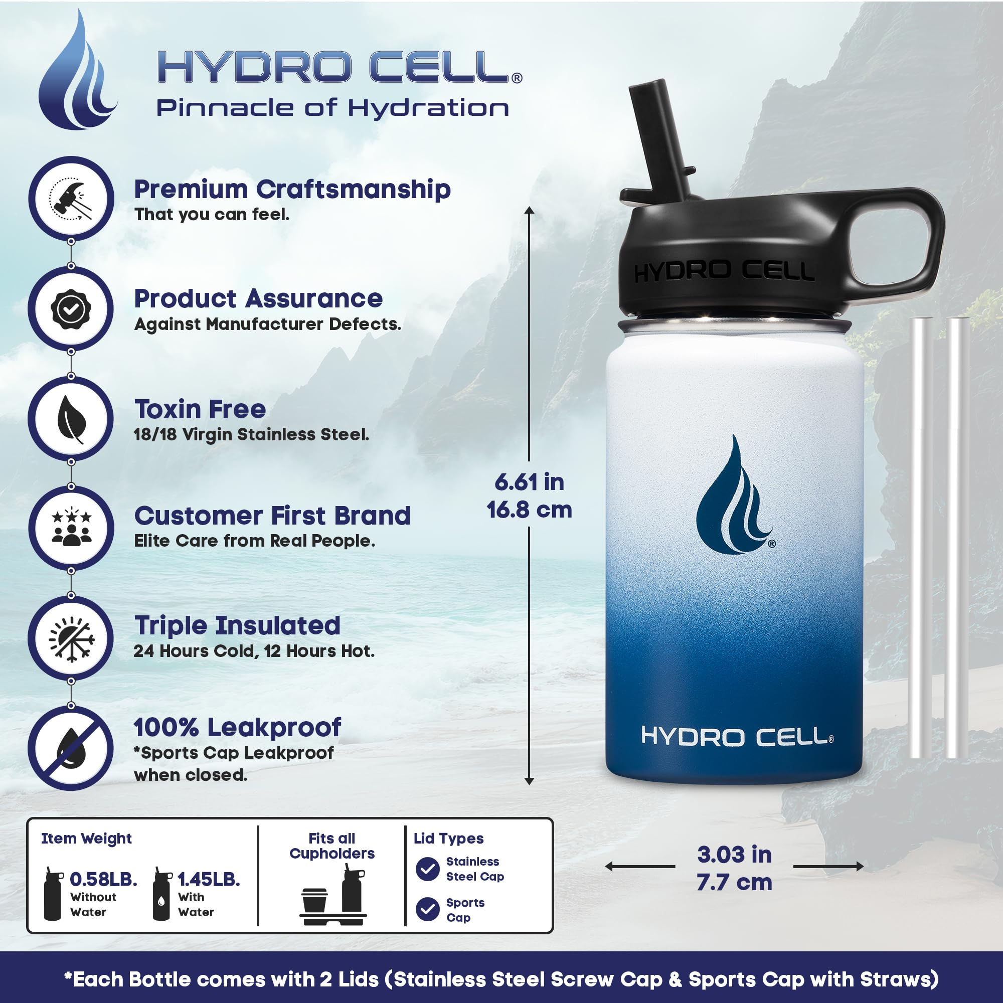 HYDRO CELL Stainless Steel Insulated Water Bottle with Straw - For Cold & Hot Drinks - Metal Vacuum Flask with Screw Cap and Modern Leakproof Sport Thermos for Adults (Navy/White 14oz)