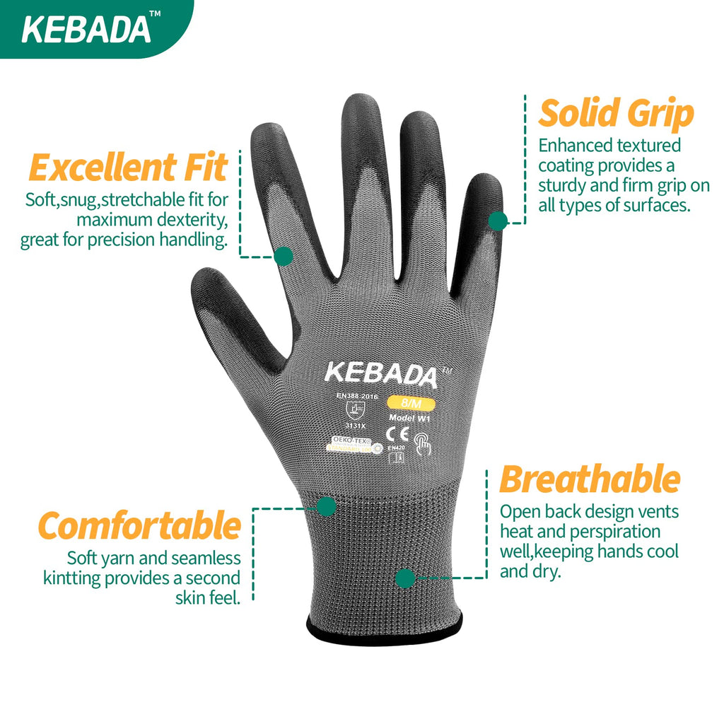 Kebada W1 Safety Work Gloves for Men & Women, 50 Pairs Bulk Pack, PU Coated