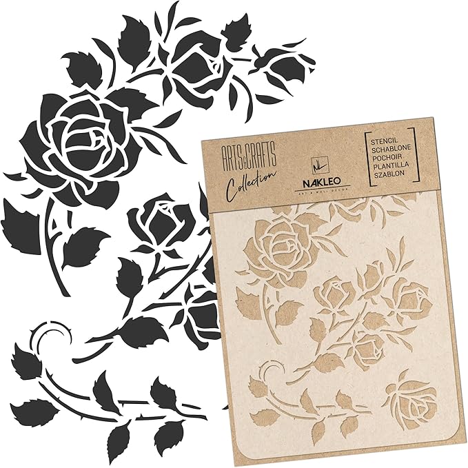 NAKLEO Painting Stencil for Crafts A5 5.9” x 8.3”, Flowers Frame Floral Pattern, Reusable Plastic DIY & Scrapbooking Drawing Template, Decoupage Art Home Decor, Wall Wood Fabric Furniture