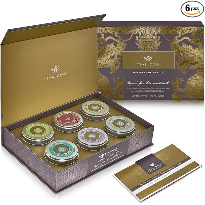 Teabloom Masters Collection - Six Rare Single-Origin Organic Loose Leaf Teas - Milky Oolong, White Silver Needle, Big Red Robe, Golden Monkey, Jade and White Tip Oolong