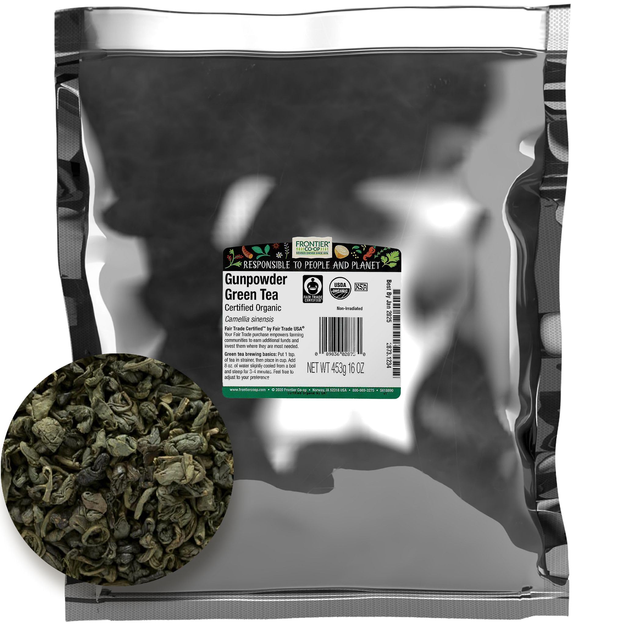 Frontier Co-op Organic Gunpowder Green Tea Leaves, 1-Pound Bulk, Smokey Green Tea, Maintains Freshness, Kosher, Fair Trade