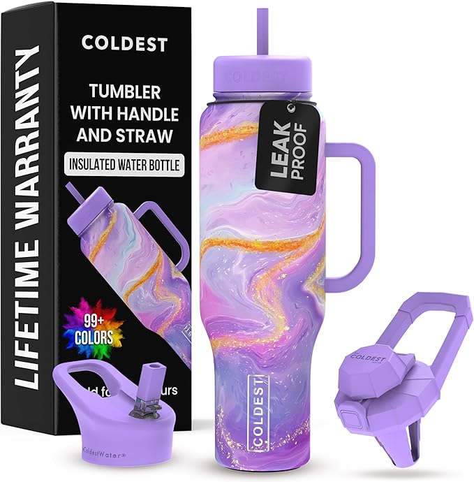 Coldest 40 oz Tumbler with Handle and Straw - 100% Leak Proof Insulated Tumbler with Lid and Straw (3 Lids) - Stainless Steel Tumblers for Women & Men - Cup Holder Friendly Base, 46 oz (Purple Luna)