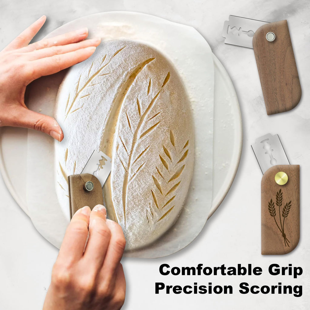 Magnetic Bread Lame Sourdough Scoring Tool Easy Scoring Knife for Bread Baking Scorer Cutter for Homemade Slashing with 10 Razor Blades - Storage Bag Included - Ergonomic Handle - Black Walnut