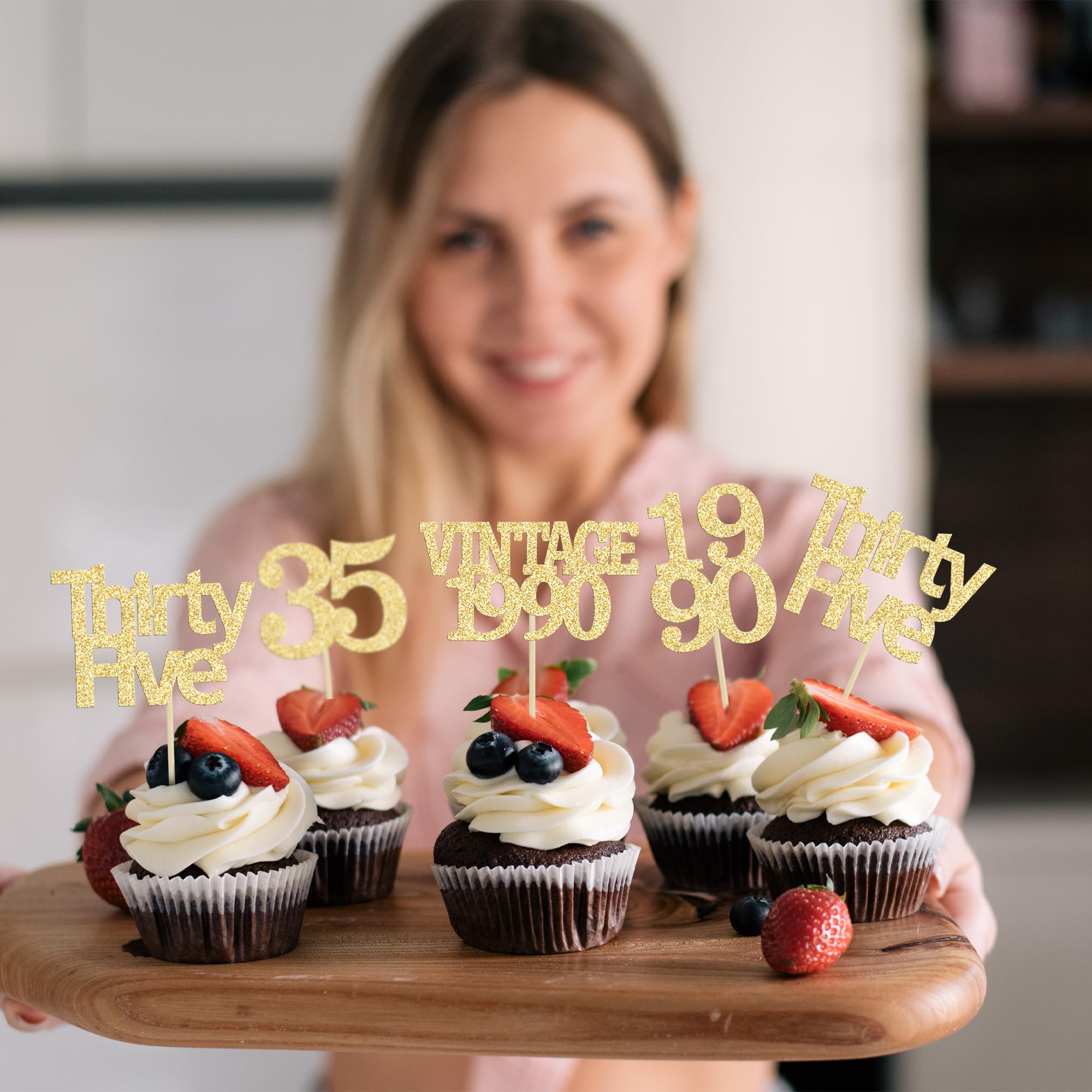 Gyufise 24Pcs Happy 35th Birthday Cupcake Toppers Glitter Thirty Five 35 Fabulous Vintage 1990 Cupcake Picks for 30th Birthday Wedding Anniversary Party Cake Decorations Supplies Gold