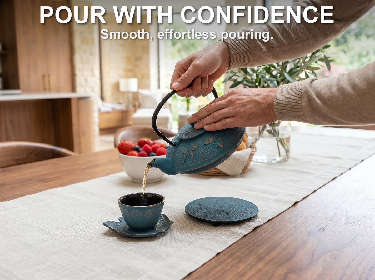 Blue Butterfly Cast Iron Tea Set, 2 Cups, 2 Saucers, Infuser & Trivet