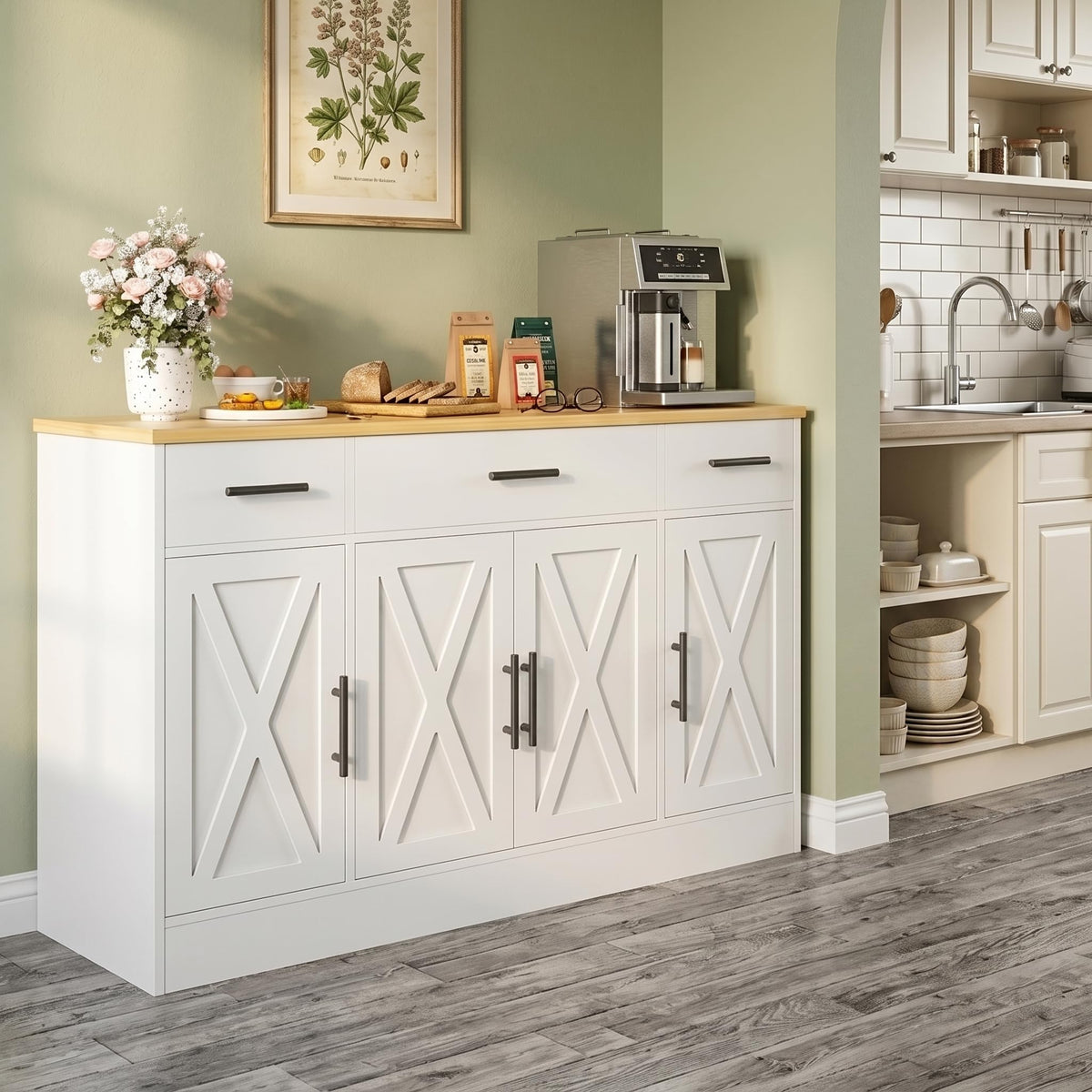 Vongrasig 53” Buffet Cabinet with Storage, Kitchen Coffee Bar, White