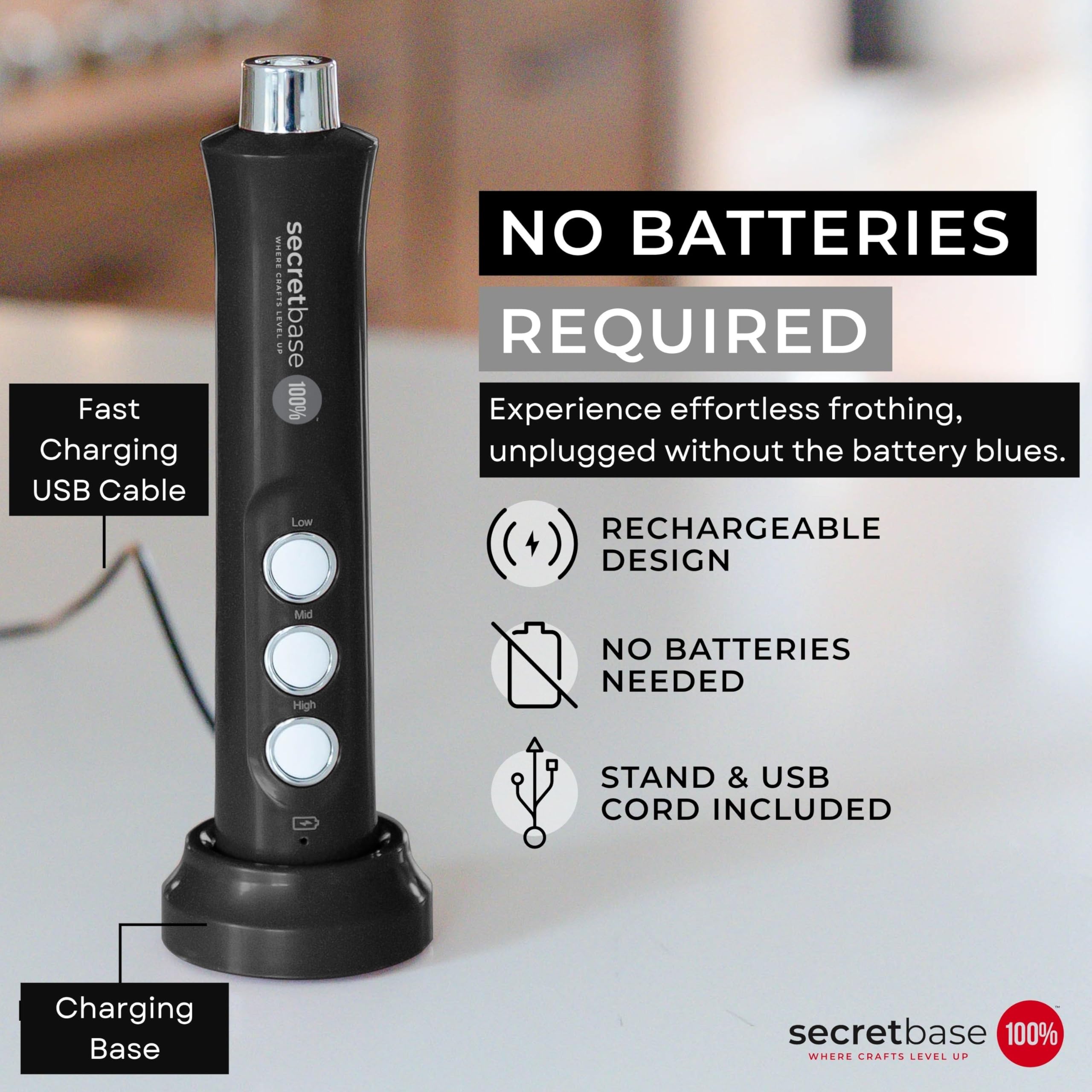 Secretbase Handheld Rechargeable Milk Frother - 3 Speed, USB-C Charging - Stainless Steel Double Whisk for Bulletproof Coffee, Espresso Whipper, Mini Electric Stirrer (Black Frother without Pitcher)