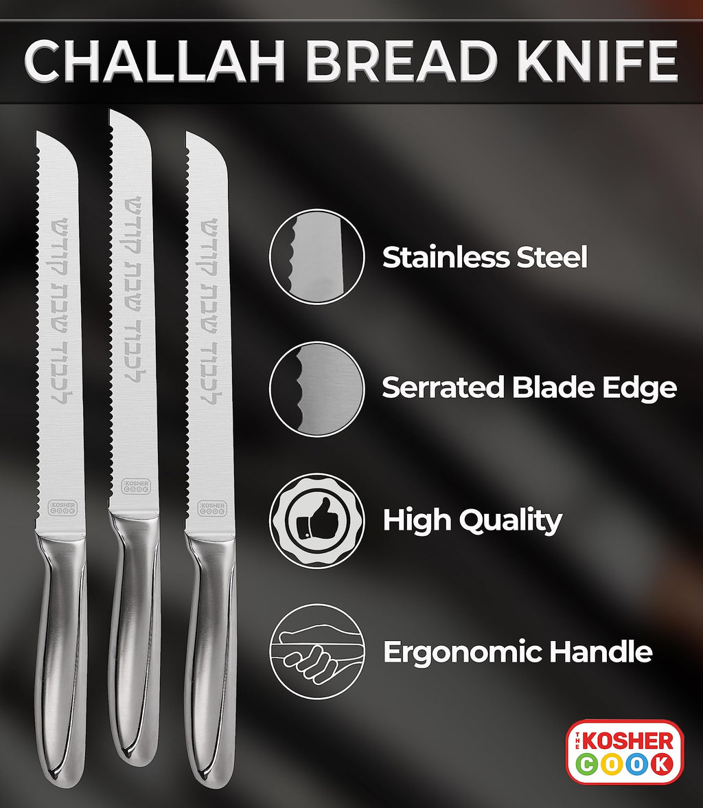 The Kosher Cook Premium Stainless Steel Challah Bread Knife - 7" Serrated Blade and Elegant Silver Handle - Perfect for Shabbat, Jewish Holidays