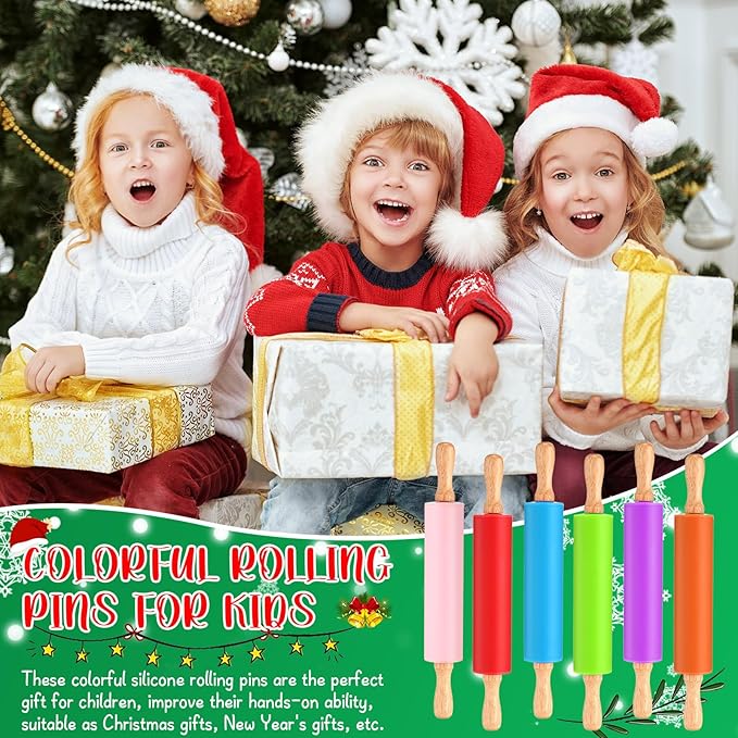 Dandat Small Rolling Pin Kids 12 Inch Mini Silicone Rolling Pin for Baking Non Stick Kids Dough Roller with Wooden Handle for Kitchen Cookie Pastry Fondant Cake 6 Colors (12 Pcs)