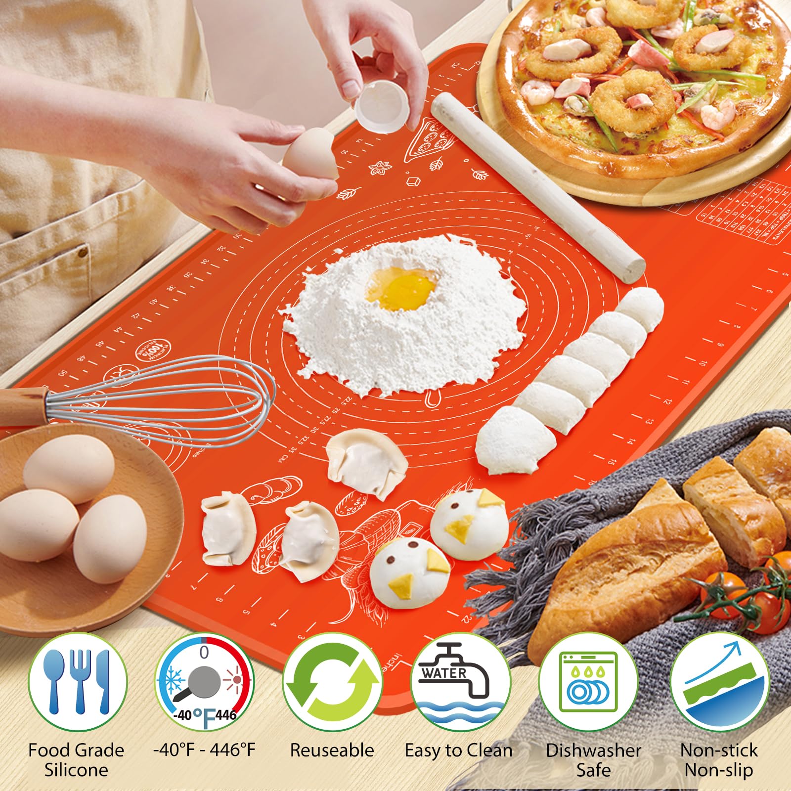 Silicone Baking Mat 32" x 24" Extra Thickness Dough Rolling Mat with Measurements and Edge Heightening, Non-stick Food Grade Silicone Pastry Mat for Pastry, Bread, Cookies, Pizza, Fondant, Pasta-Red