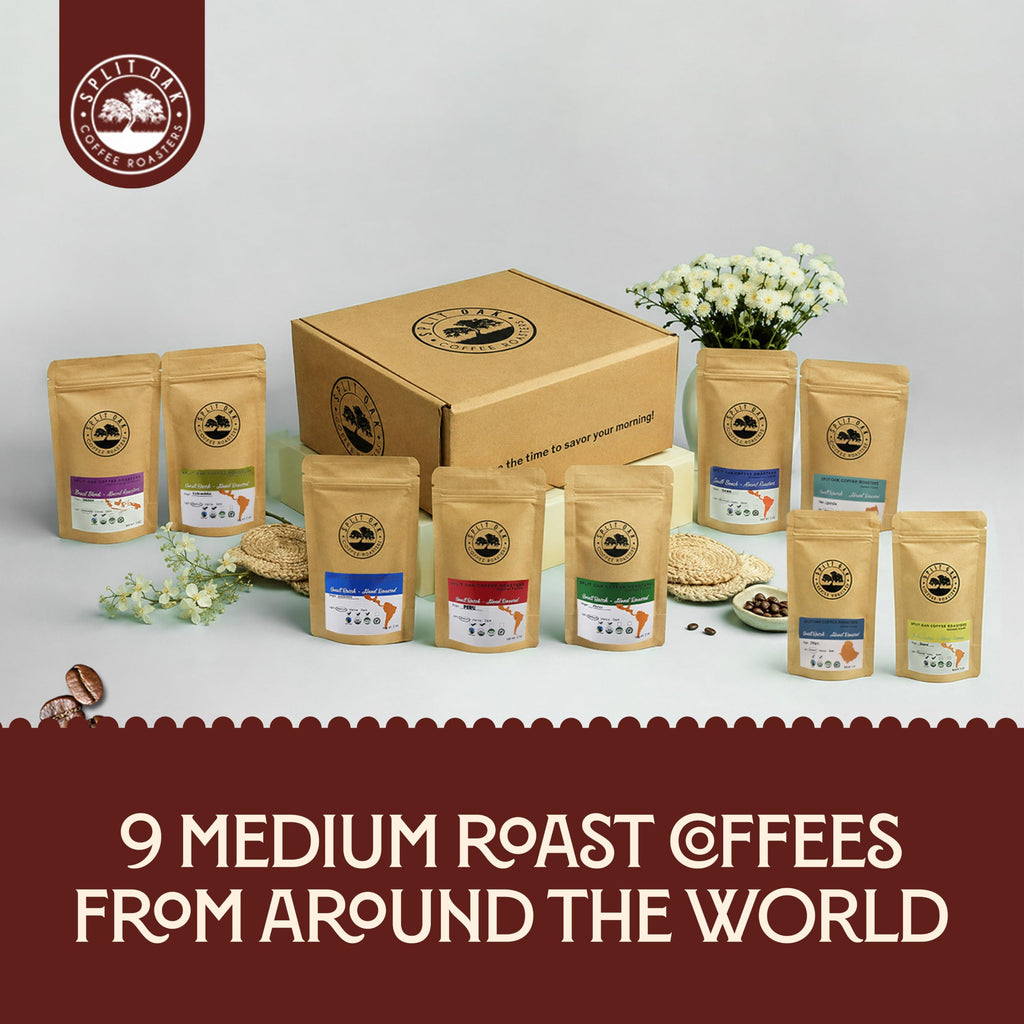 Split Oak Coffee Roasters Gourmet Gift Box – Whole Bean Variety Pack Gift Box, 9 Medium Roast Coffees from Around the World – Global Tasting Collection, 2oz Bags, Roasted in the USA