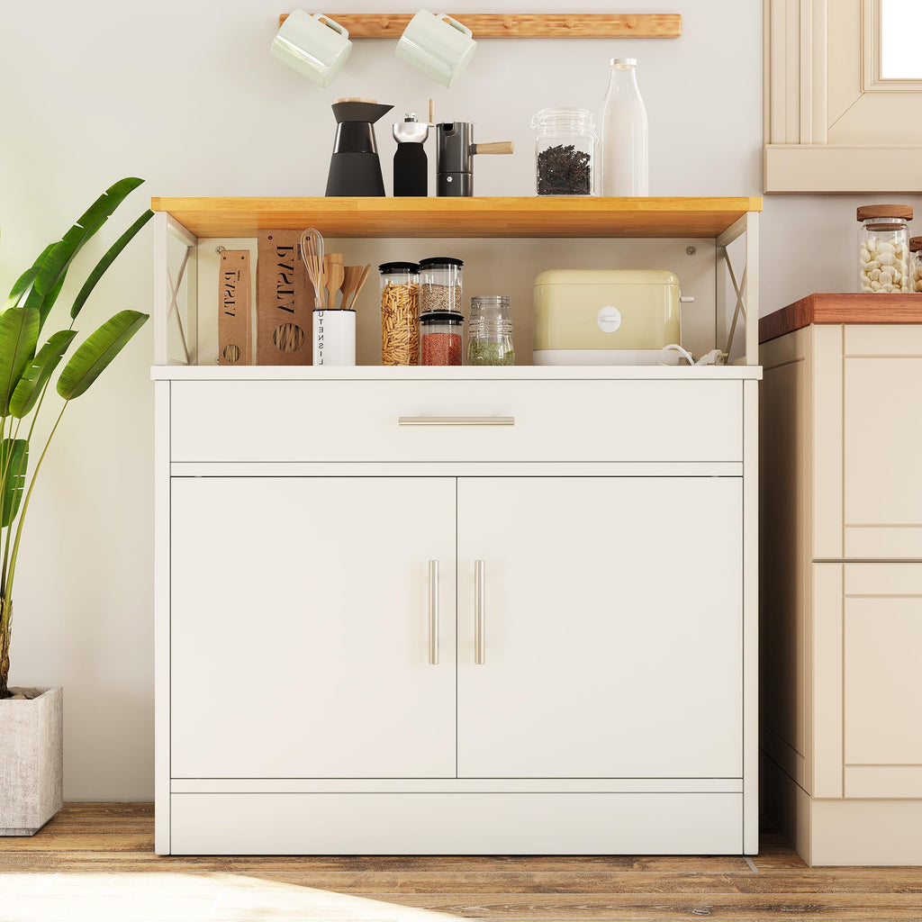 Vongrasig Coffee Bar Cabinet, Farmhouse Kitchen Storage Cabinet with Adjustable Shelf, 31“ Modern Sideboard Buffet Table for Kitchen, Dining Room, White
