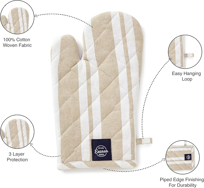 Encasa Homes Long 14 inch Oven Microwave Hand Gloves Mitts (2 pc Set) for Kitchen Cooking & Baking - Heat Resistant, Thick & Safe, Protection of Hands from Hot Utensils - Franca Beige Stripes