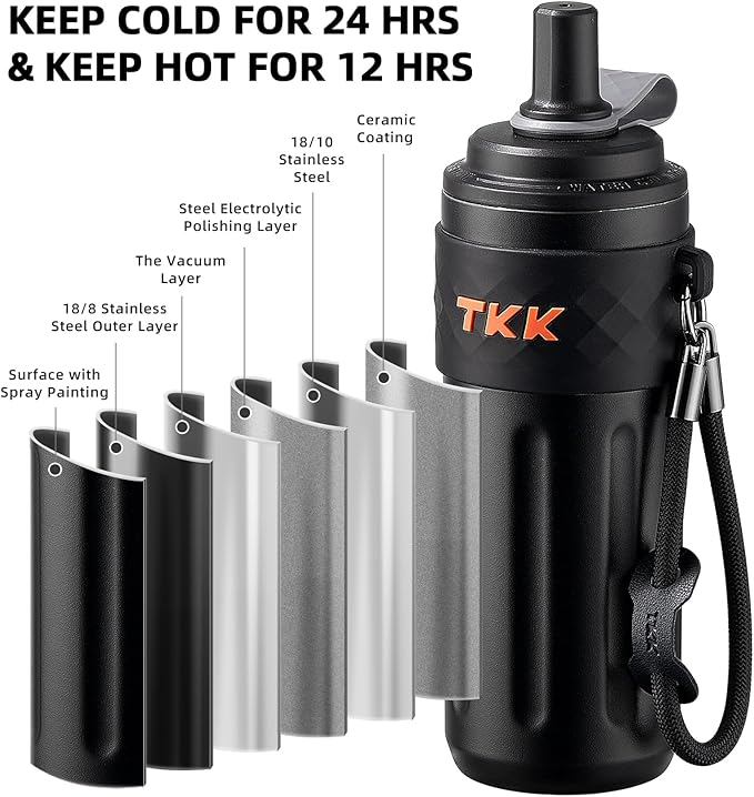TKK 17 OZ Travel Tumbler Ceramic Lining with Straw Lid, Stainless Steel Vacuum Insulated Double Wall Coffee Tumbler, Leak Proof Iced Water Bottle with Carry Strap for Hot & Cold Drinks, Black