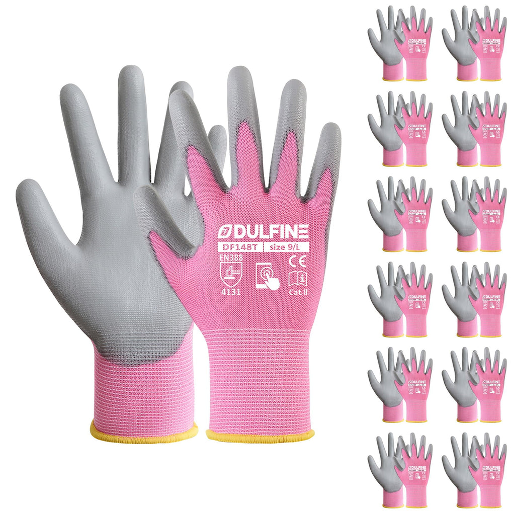 DULFINE Touchscreen Work Gloves for Women 12 Pairs, PU Coated Pink L