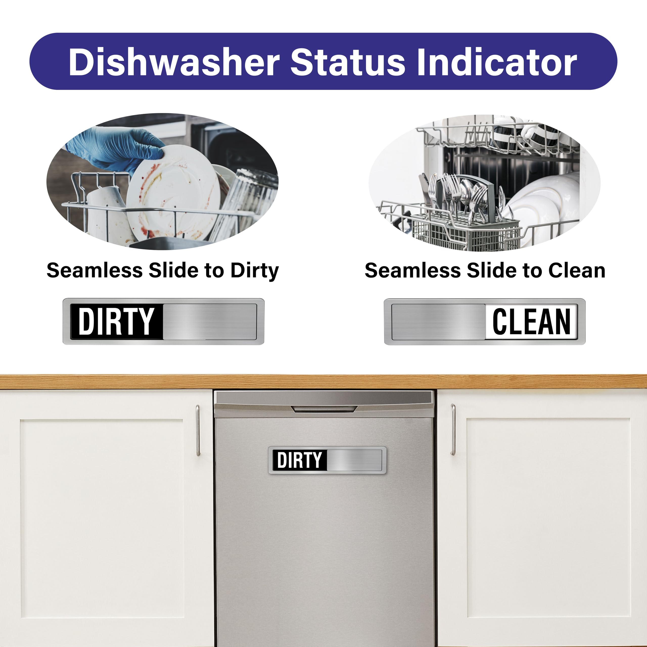 Dishwasher Clean Dirty Sign-Dishwasher Magnet Stainless Steel Clean Dirty Sign for Kitchen Organization Farmhouse Dishwasher Slide Indicator, Optional Adhesive Stickers