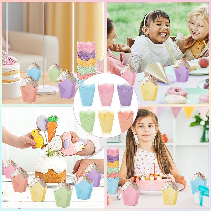180Pcs Pastel Tulip Cupcake Liners Colorful Muffin Baking Cups Pink Blue Purple Yellow Orange Green Cupcake Wrappers for Spring Easter Holiday Party Supplies
