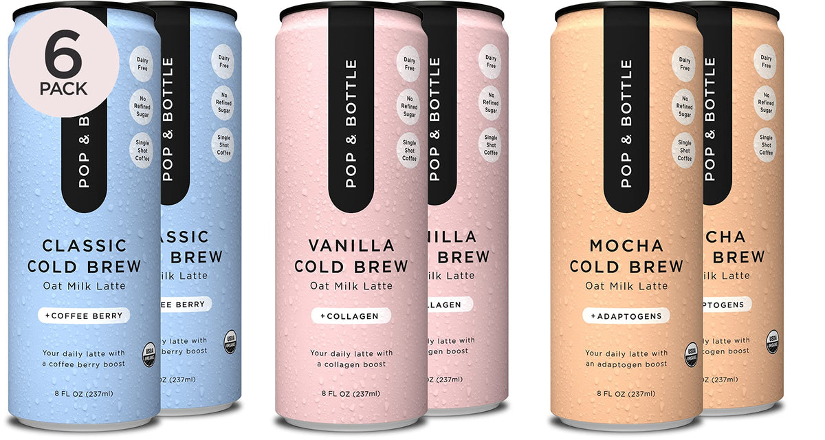 Pop & Bottle - Oat Milk Lattes, Cold Brew, Maca - Variety, 8 Fl Oz (6 Pack)