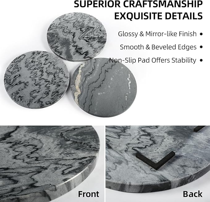 Koville African Natural Marble Cutting Board for Kitchen, 11inch Round Hand Crafted Marble Slab for Cheese, Charcuterie, Pastry Board - Wedding Gift, House Warming Gift(Monte Grigio)