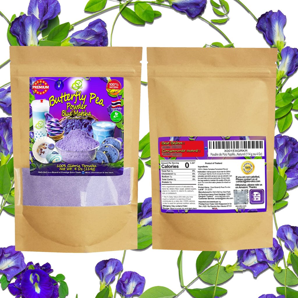 Blue Matcha Butterfly Pea Powder 4 Oz | OkO-OkO - Premium - 100% Natural from flowers of Ternatea Thailand No additives - infusion, Blue Herbal tea, Organic Vegan food coloring, cocktail, meal, baking