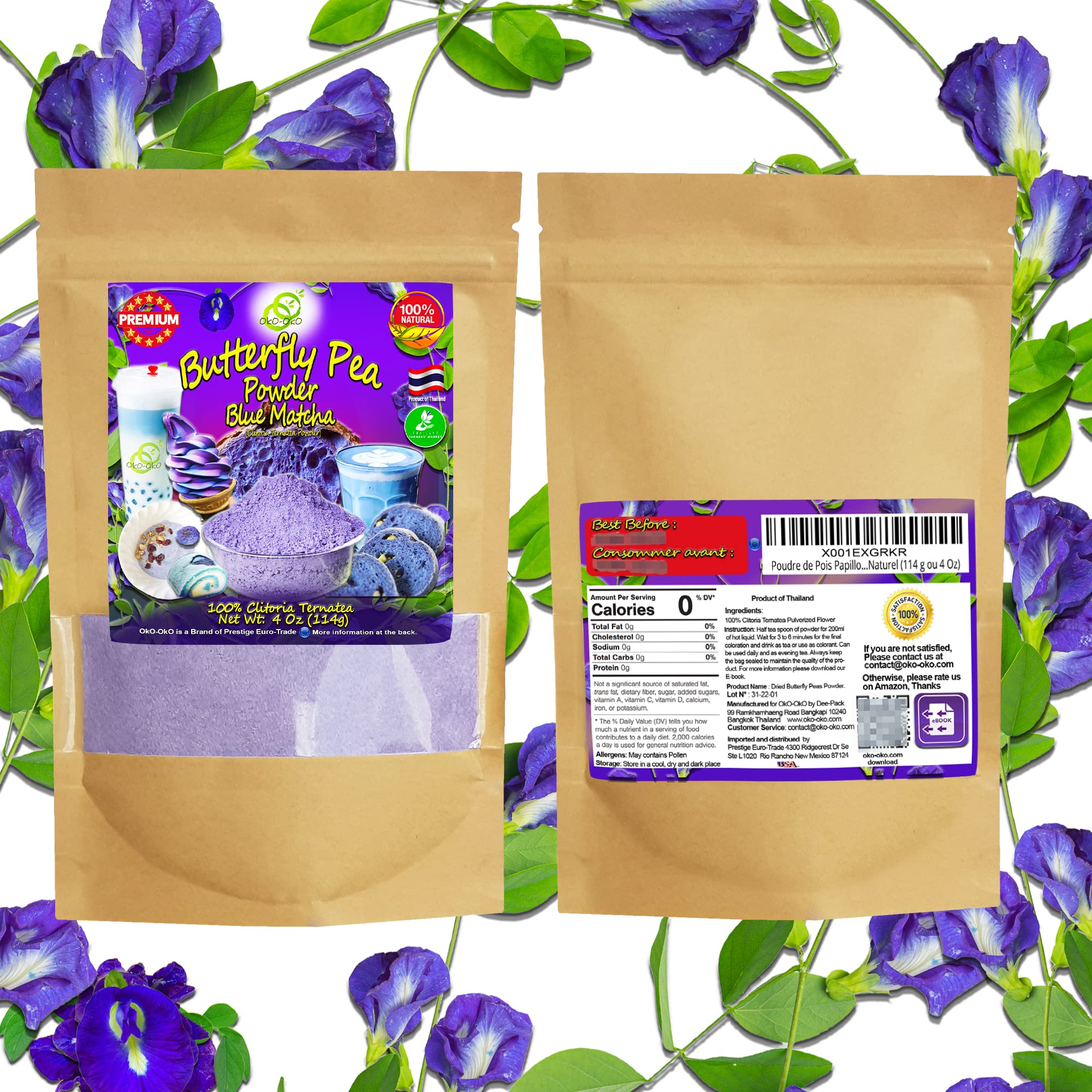 Blue Matcha Butterfly Pea Powder 4 Oz | OkO-OkO - Premium - 100% Natural from flowers of Ternatea Thailand No additives - infusion, Blue Herbal tea, Organic Vegan food coloring, cocktail, meal, baking