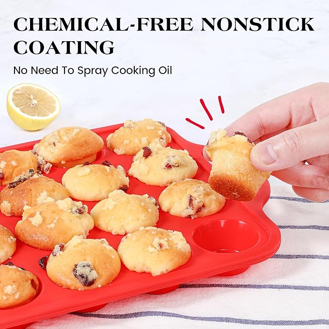 3 Pcs Silicone Baking Pan Set - Including 1 Pc Mini Loaf Pan, 1 Pc Standard Muffin Pan and 1 Pc Mini Muffin Pan - Silicone Cupcake Molds With Metal Reinforced Frame (Red)