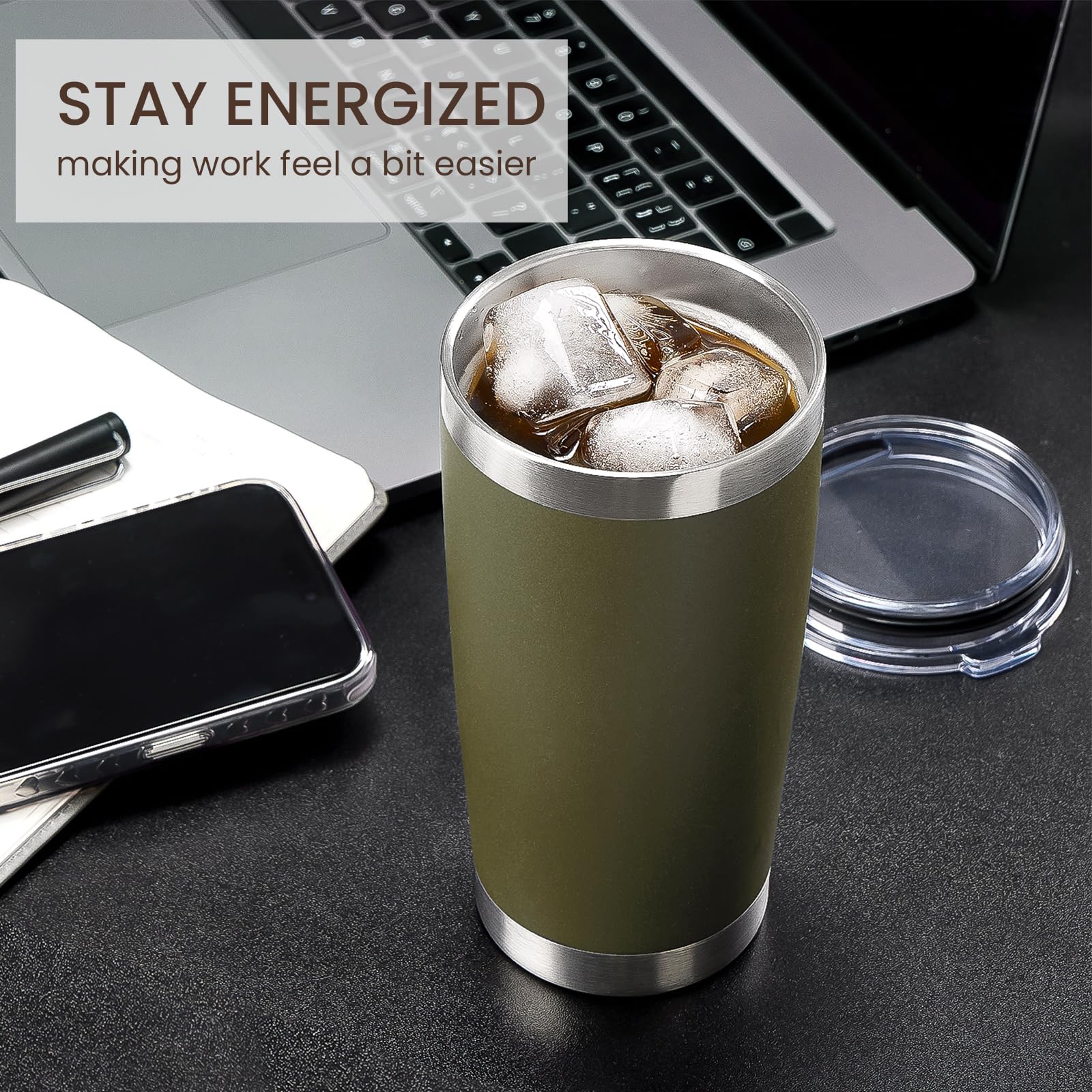 MEWAY 20oz Tumbler 12 Pack Double Wall Vacuum Insulated Travel Mug Bulk, Stainless Steel Tumblers with Lid and Straw, Durable Powder Coated Coffee Cups for Cold & Hot Drinks (Army Green, 12)