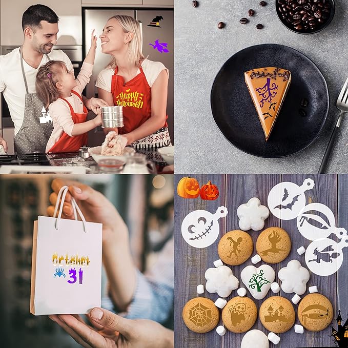 JULBEAR 36 Pieces Reusable Halloween Cake Cookie Stencils Templates Mold Tools for Cookies DIY Holiday Baking Painting Dessert Craft Coffee Decoration