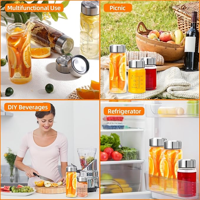 Glass Juice Bottles 6 Pack 12 oz - Wide Mouth Glass Water Bottles with Lids - for Juicing, Smoothies, Milk, Protein, BPA Free, Reusable, Stainless Steel Lids, Leak Proof, Shaker bottle (12oz/400ml)