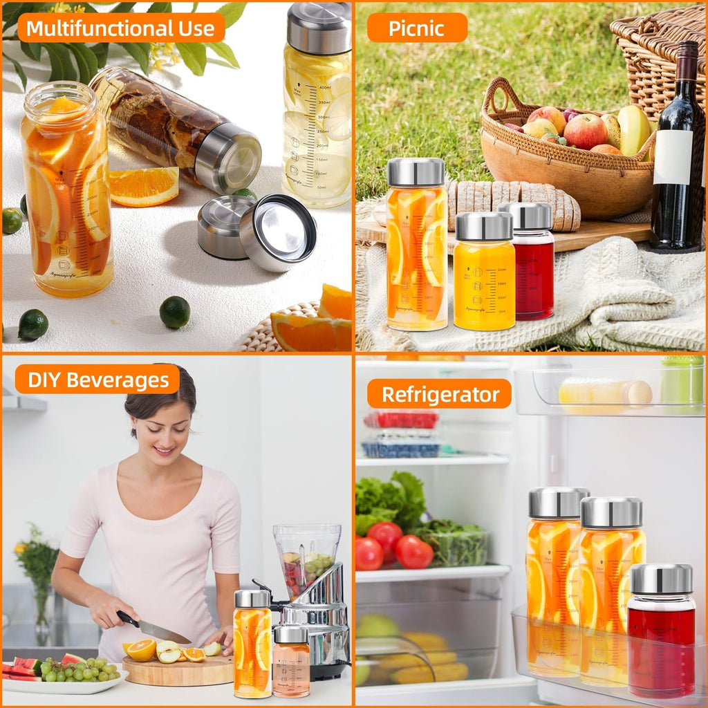 Glass Juice Bottles 6 Pack 20 oz - Wide Mouth Glass Water Bottles with Lids - for Juicing, Smoothies, Milk, Protein, BPA Free, Reusable, Stainless Steel Lids, Leak Proof, Shaker bottle (600 ml)