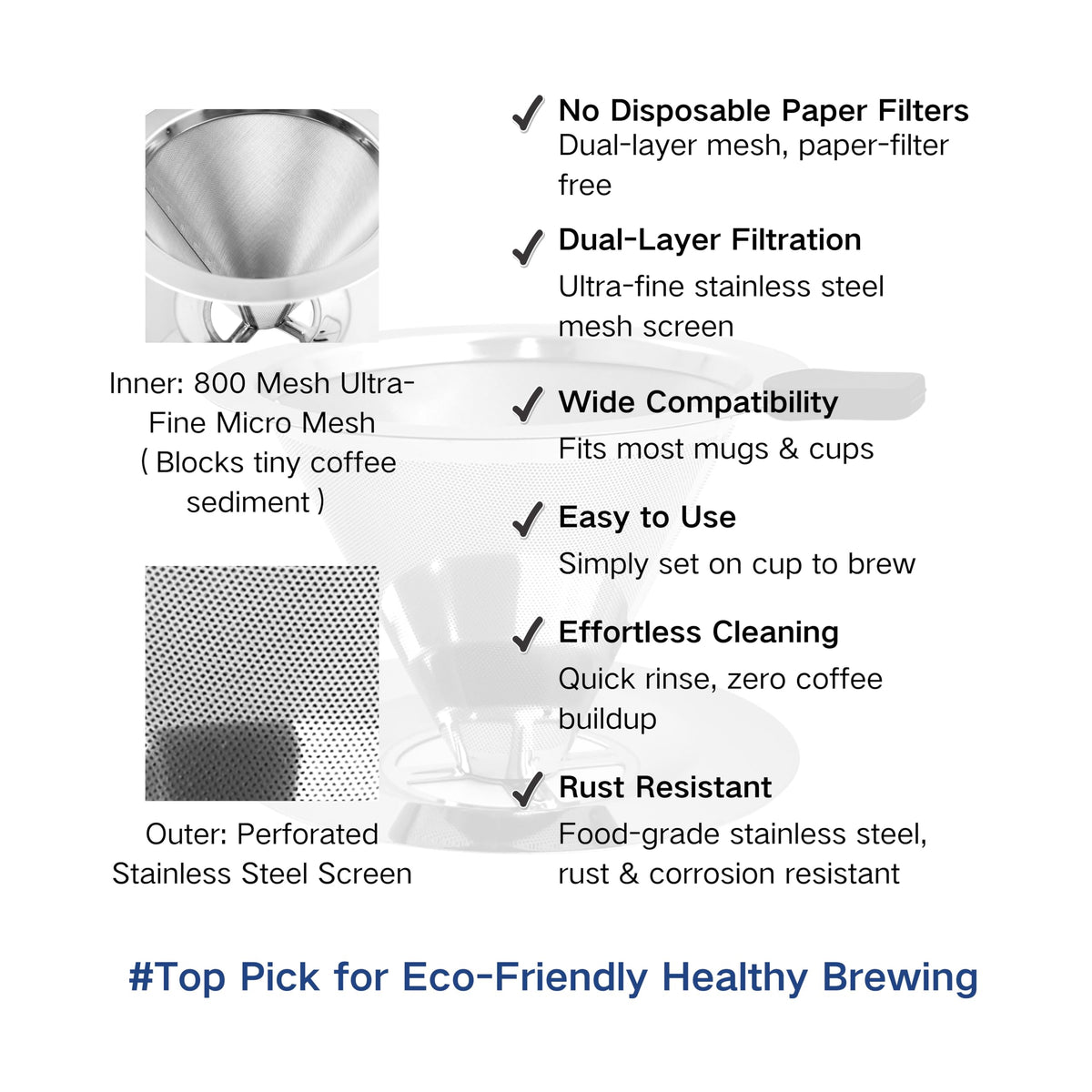 Tronmei 1-2 Cup Dual-Layer 304 Stainless Steel Pour Over Coffee Dripper