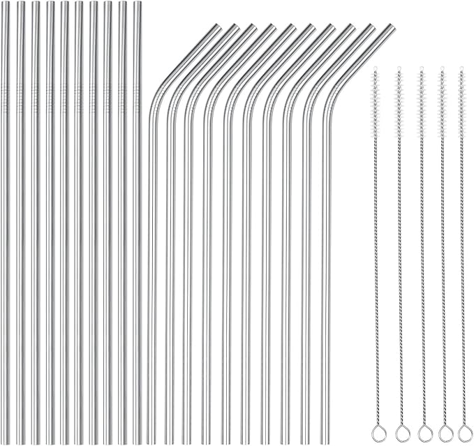 wholesale 25 Piece Set Stainless Steel Straws Ultra Long 10.5 Inch Drinking Metal Straws Reusable Drinking Straws for 20 30 OZ (10 Straight | 10 Bent | 5 Brushes)