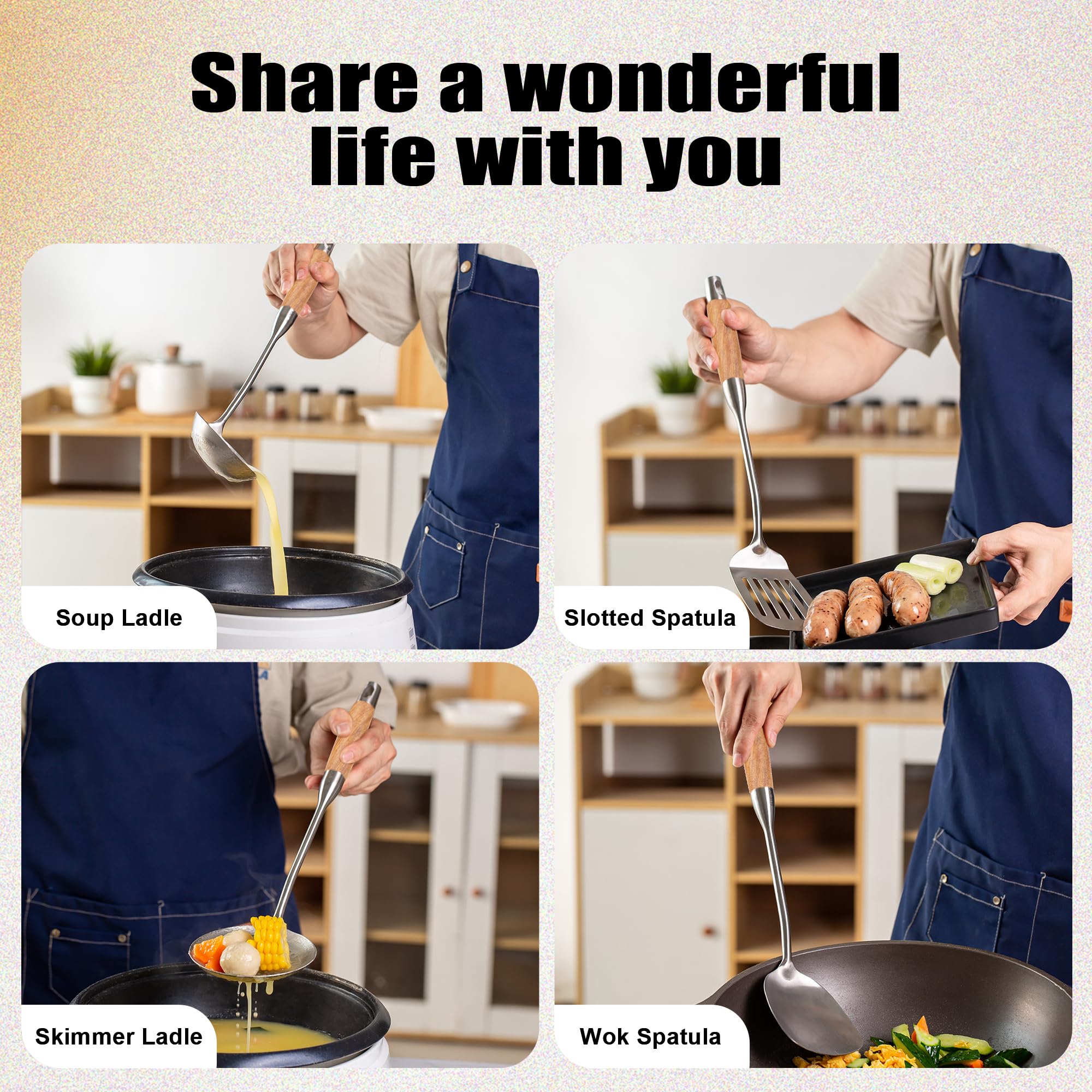 FJNATINH Wok Utensils - Wok Spatula Metal Set, 4-Pieces 14-15 Inch Extra Long, Wok Tools Professional Set, Wooden Handle Skimmer, Soup Ladle, Slotted Turner