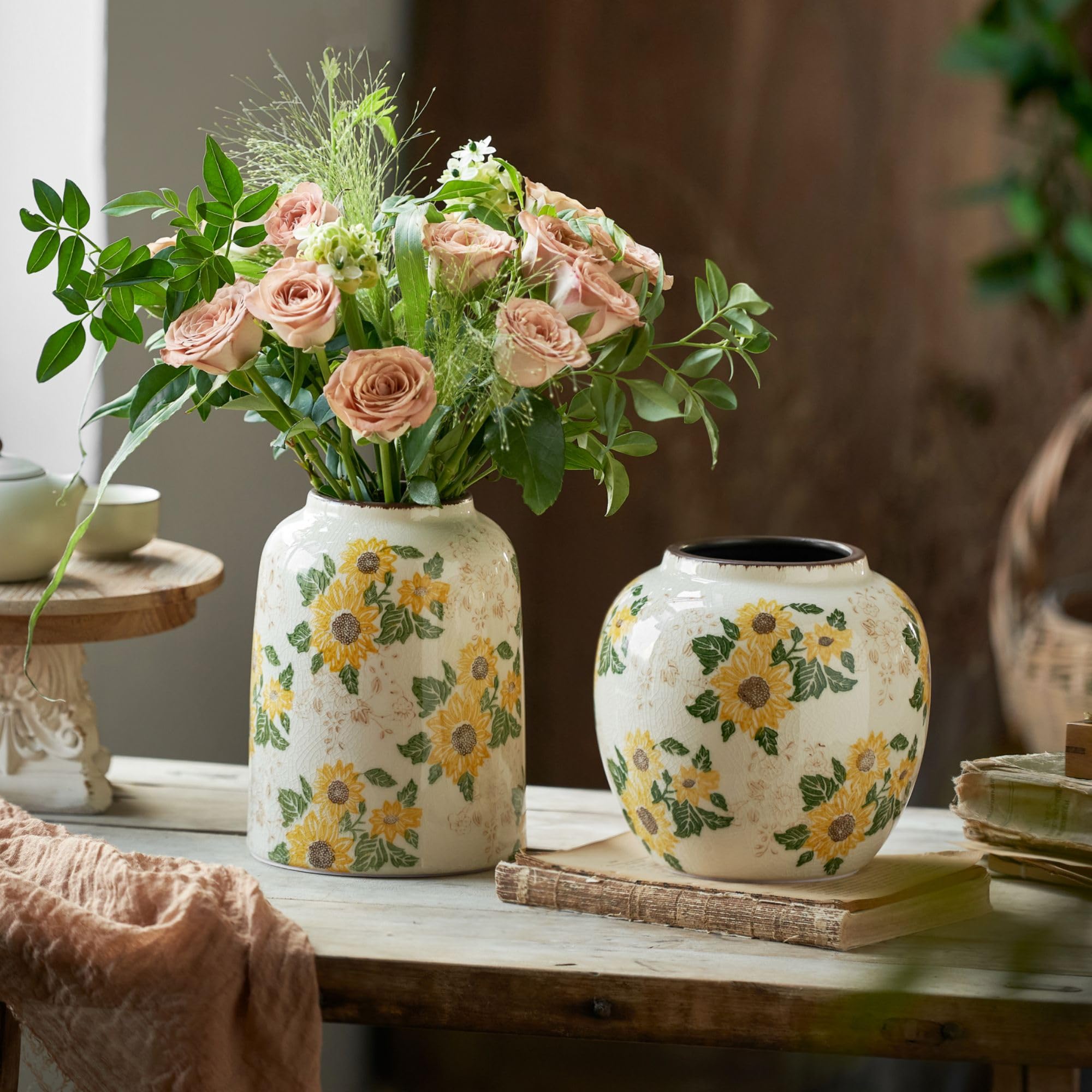 Levvohd Vintage Ceramic Vase, Sunflower Pattern 7.9 Inch, Medium Cylinder