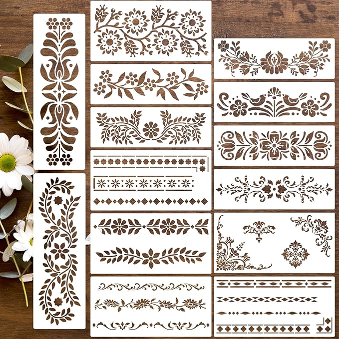 Talavera Stencils for Crafts Reusable Floral Stencils for Walls Mexican Flower Border Corner Drawing Stencil for Wood Furniture Wall Canvas Floor