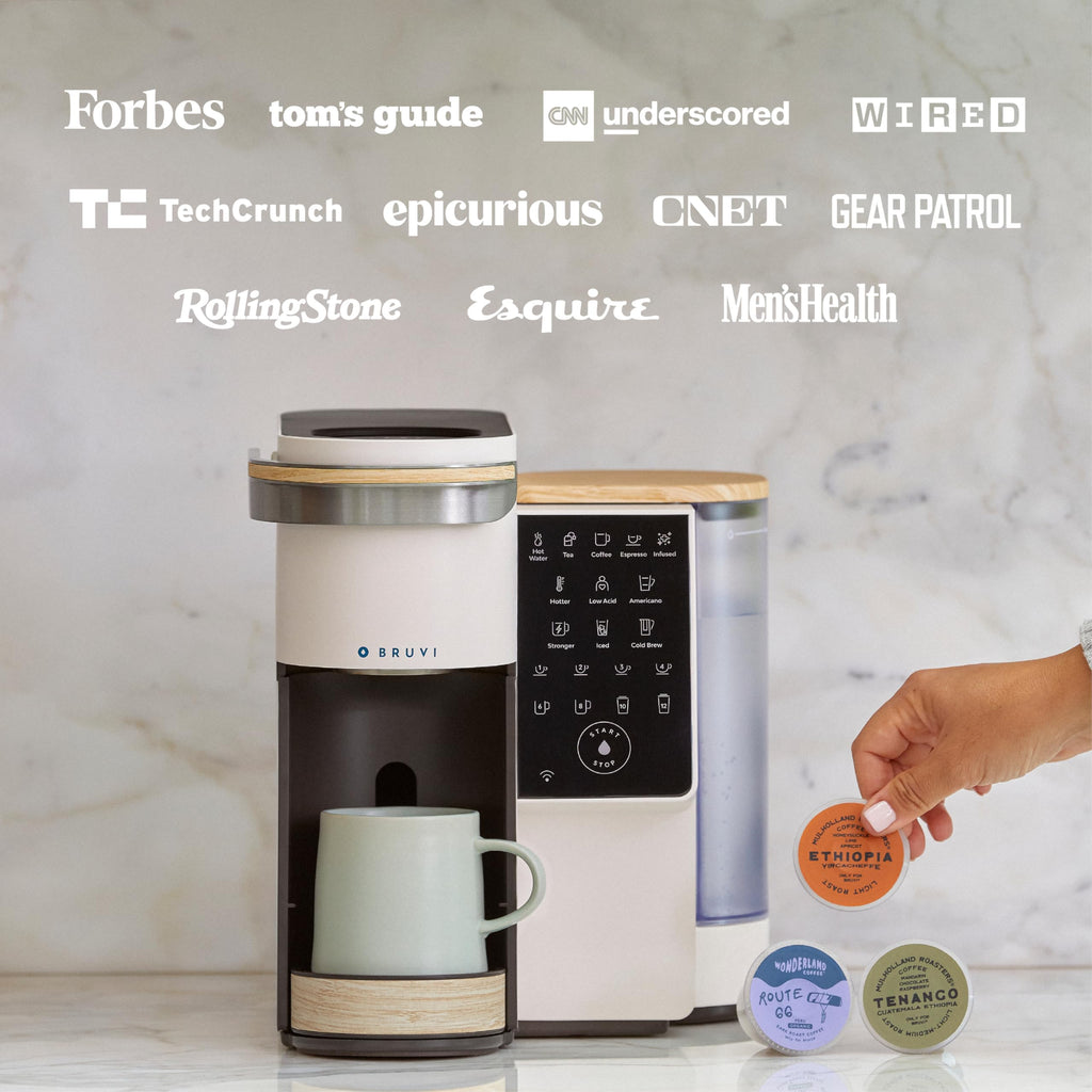 BRUVI Single-Serve Coffee Maker Bundle | Brews Coffee, Espresso, Cold Brew, Matcha Green Tea & More | Includes Brewer + 20 Variety Pods | Touchscreen, WiFi, 70 oz Tank | Black