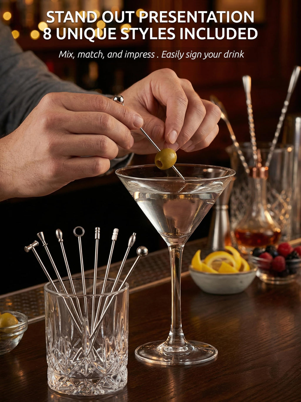 DEMIGO Cocktail Picks Set of 8, Stainless Steel Reusable Martini Picks