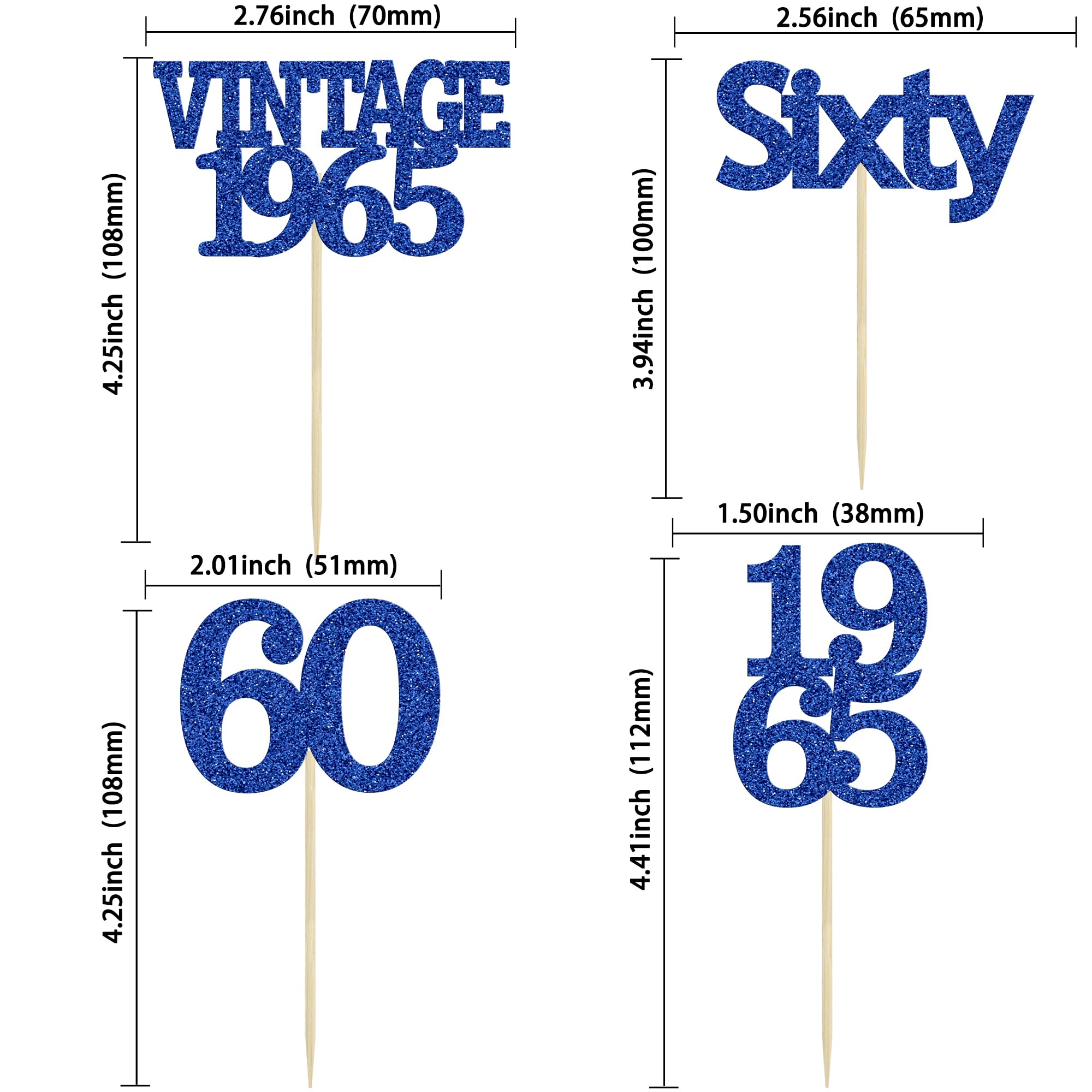 Gyufise 24Pcs Vintage 1965 Cupcake Toppers Cheers to 60 Fabulous Sixty Cupcake Picks Decorations for 60th Birthday Wedding Anniversary Party Cake Decorations Supplies Deep Blue