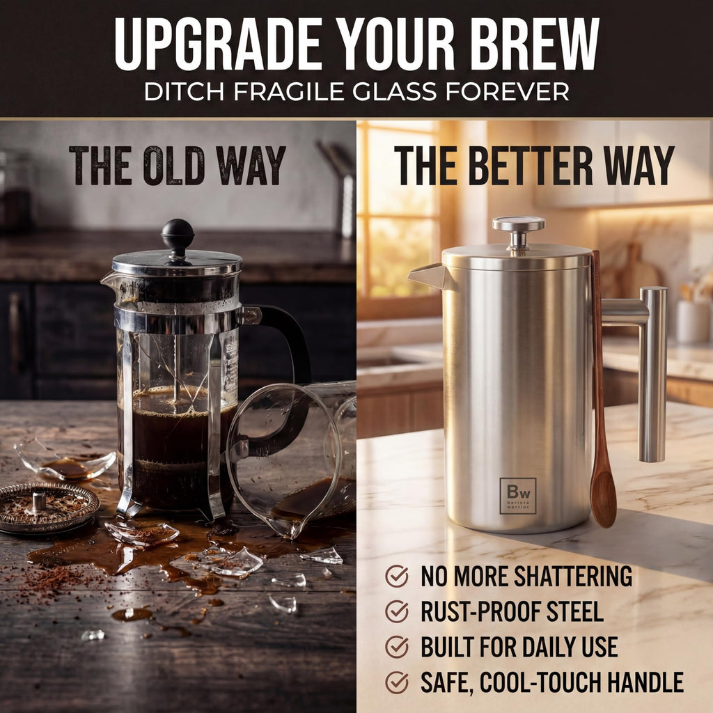 Barista Warrior French Press Coffee Maker - Double-Wall Stainless Steel Insulated French Press with Built-In Thermometer, Dual Filters Coffee Maker with Wooden Spoon - Silver