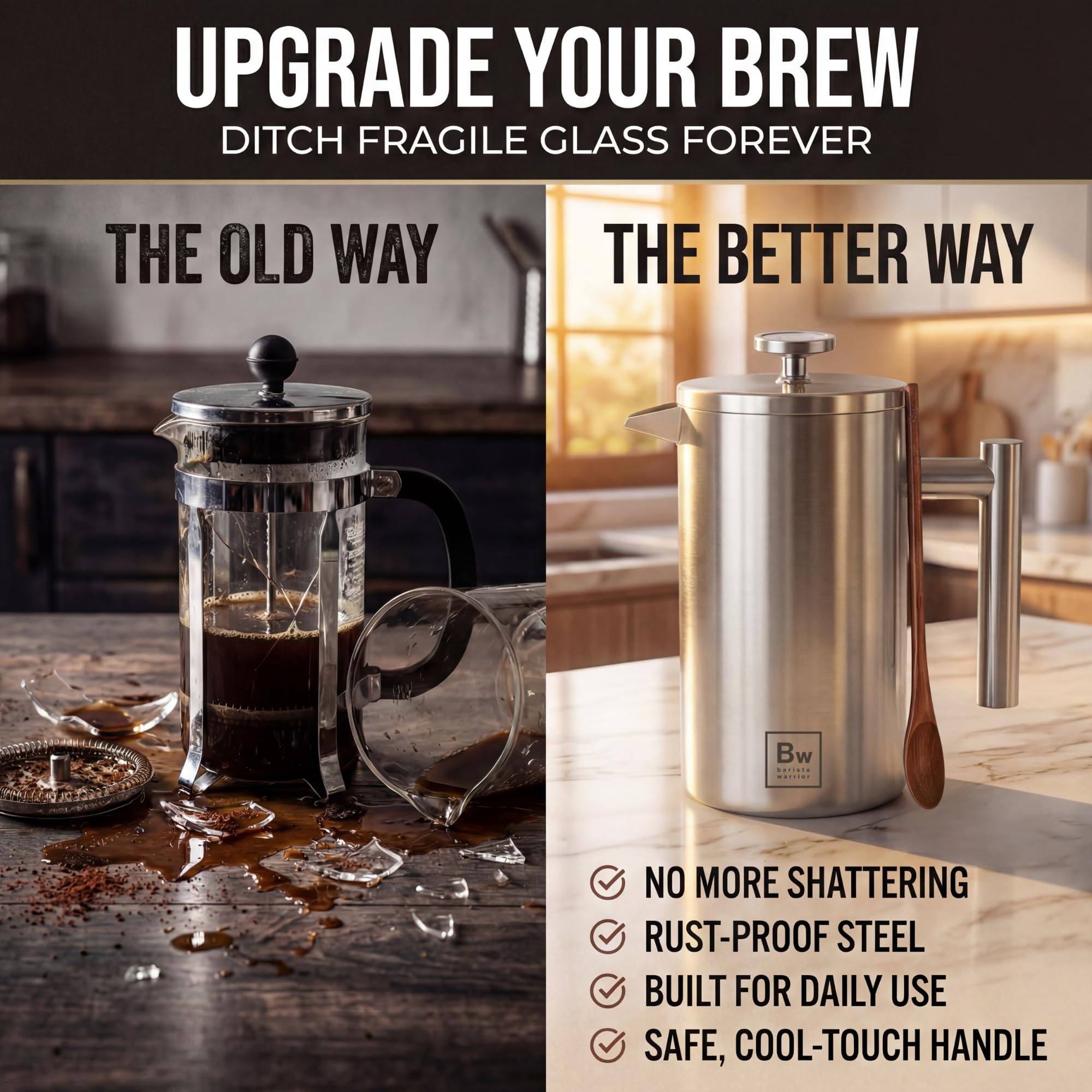 Barista Warrior French Press Coffee Maker - Double-Wall Stainless Steel Insulated French Press with Built-In Thermometer, Dual Filters Coffee Maker with Wooden Spoon - Silver
