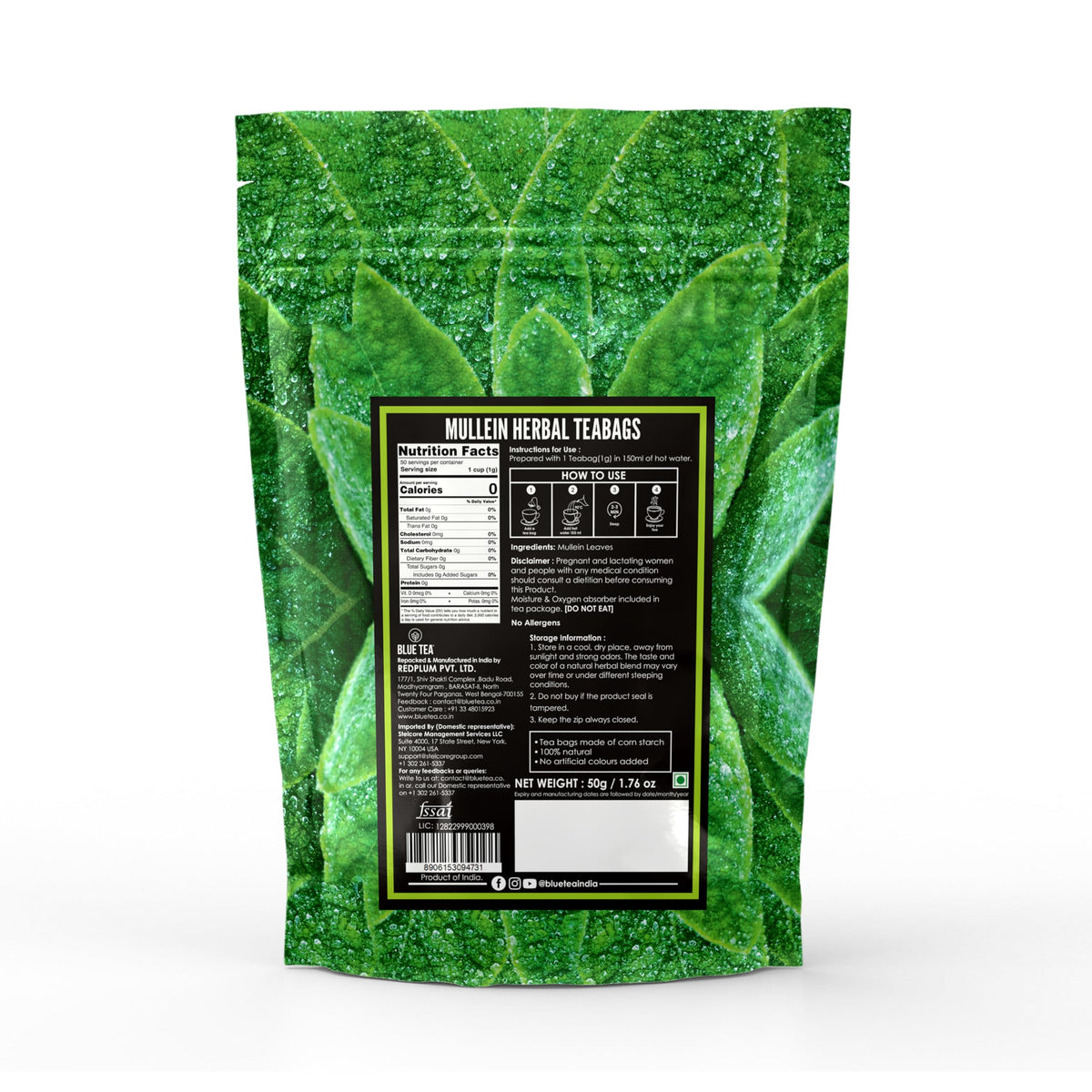 BLUE TEA Mullein Plant-Based Tea Bags, 50 Count – All Natural Mullein Leaf | Herbal Tea for Respiratory Support & Detox | Caffeine-Free, Non-Bitter | Plant-Based Pyramid Tea Bags | No Additives, Premium Ziplock Pack | Straight from the Himalayas