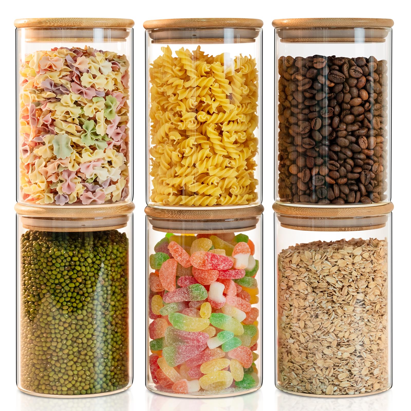 Liuruiyu Glass Food Storage Jars 6-Pack 37oz - 4x6 in-Clear Glass Food Canisters with Bamboo Lid Airtight For Serving Tea, Coffee, Flour, Sugar, Candy, Cookie, Spice and More (Circular)