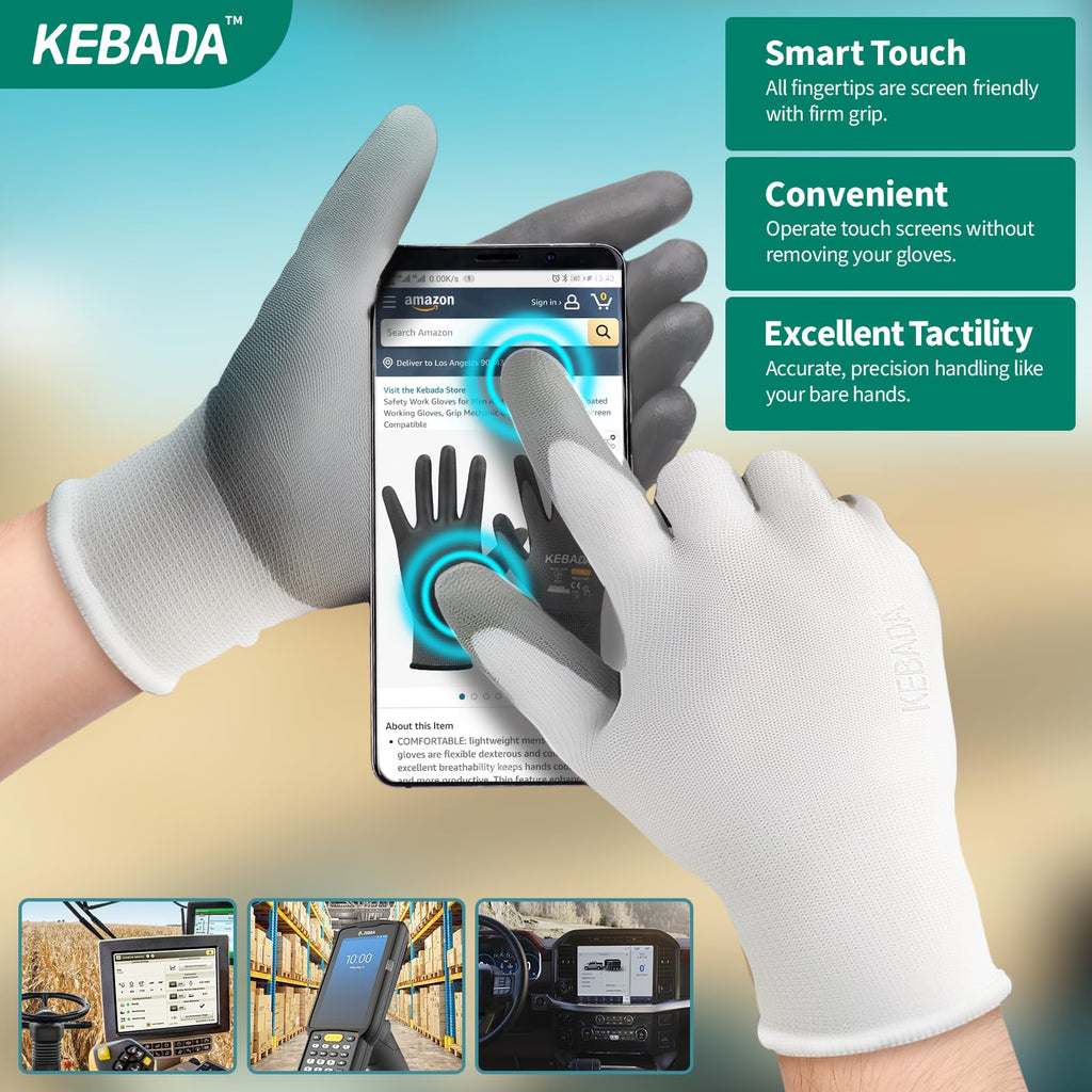 Kebada W1 Safety Work Gloves for Men & Women, Touchscreen, PU Coated