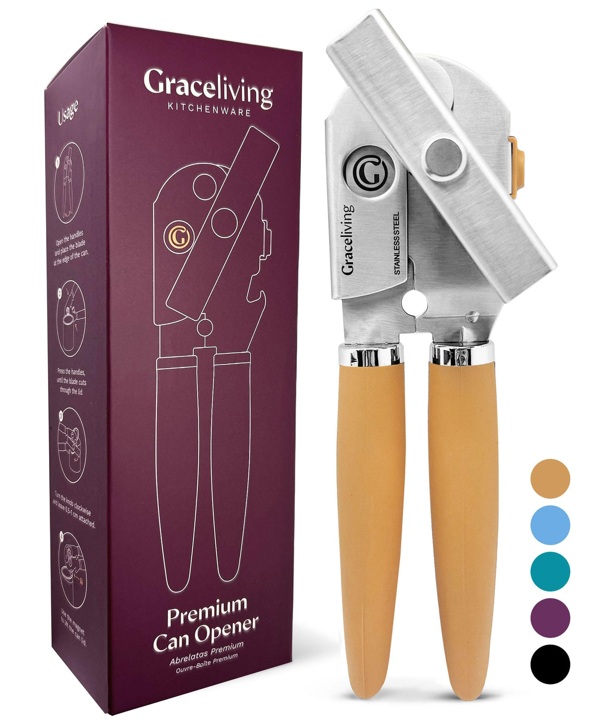 Graceliving Heavy Duty Manual Can Opener with Magnetic Lid Lifter, Orange