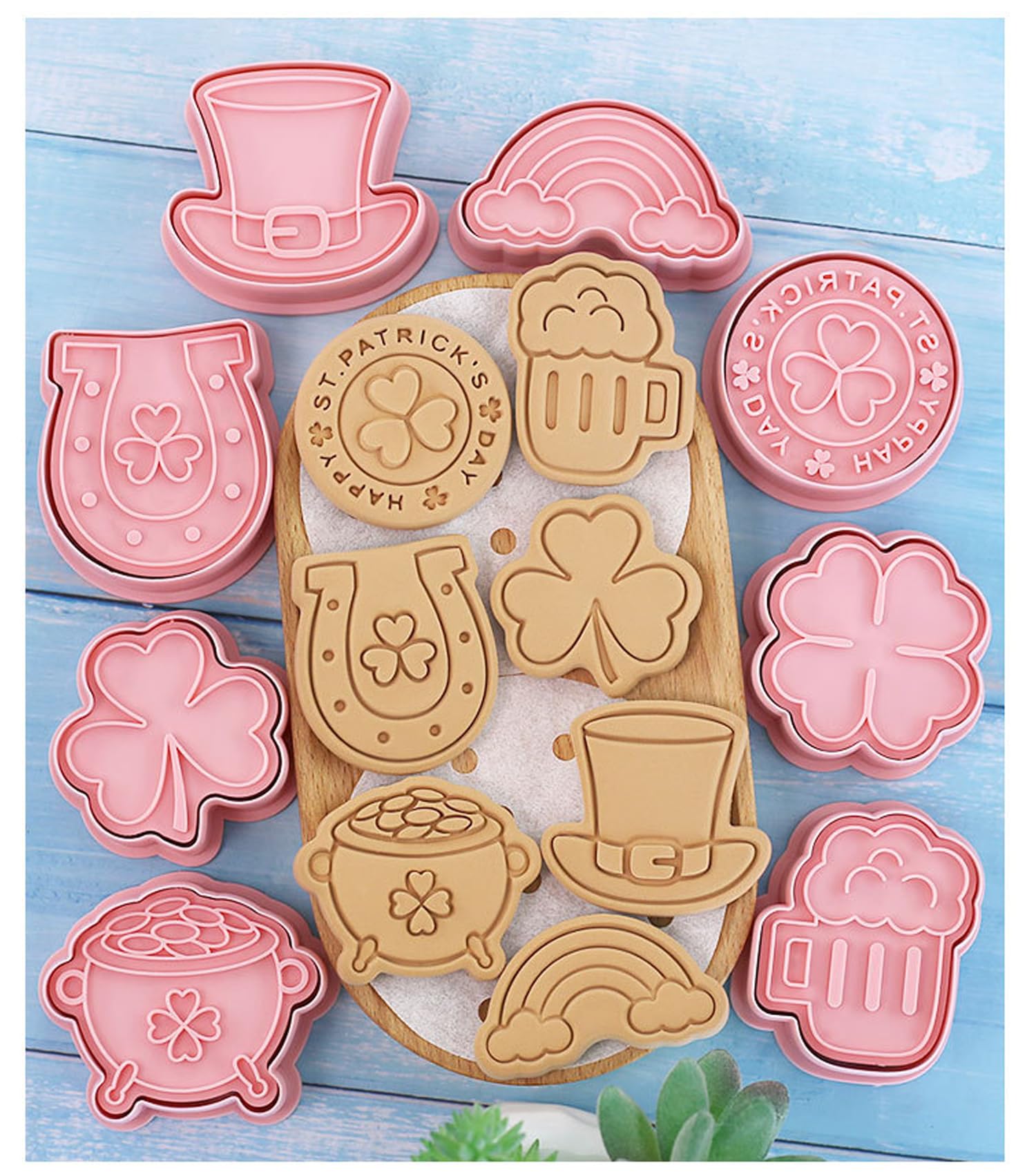 St. Patrick's Day Cookie Cutters, 8Pcs 3D Plastic Cookie Molds Cartoon Shamrock Four Leaf Clover Horseshoe Biscuit Cutters for Irish Holiday Party Baking Cutting Tool (D8)