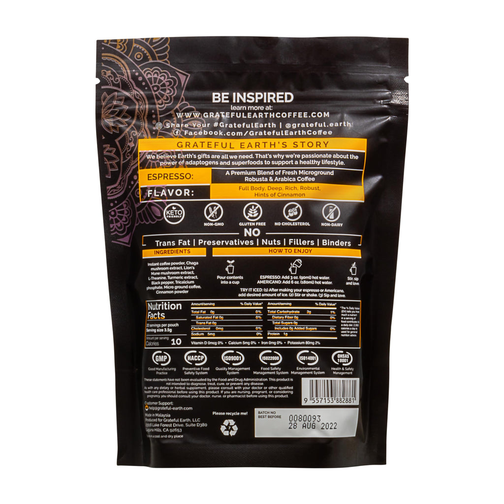 Grateful Earth Instant Espresso Coffee With Lion's Mane, 2 Bags, 40 Ct