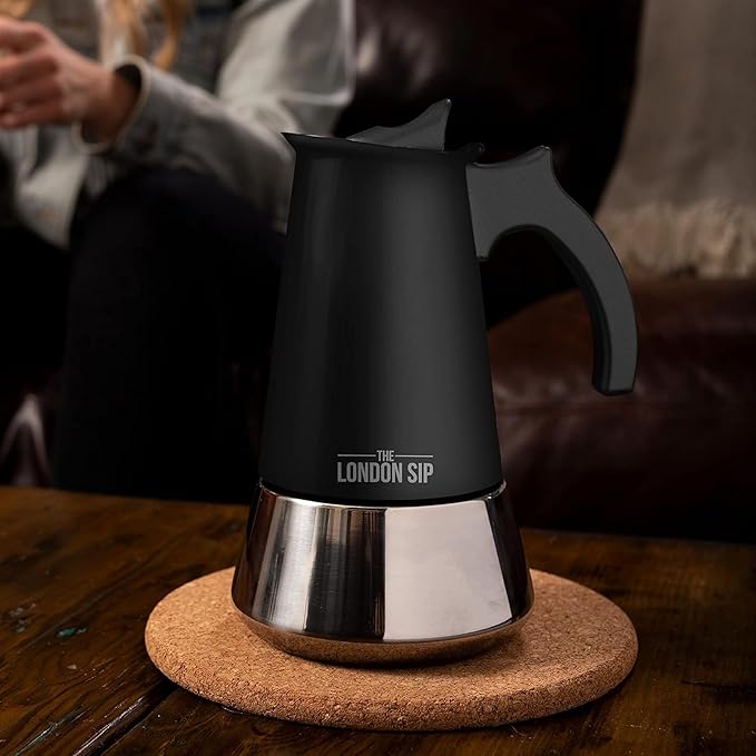 London Sip Stainless Steel Stovetop Espresso Maker Moka Pot Italian Coffee Percolator, Matte Black, Large (16.9 oz)